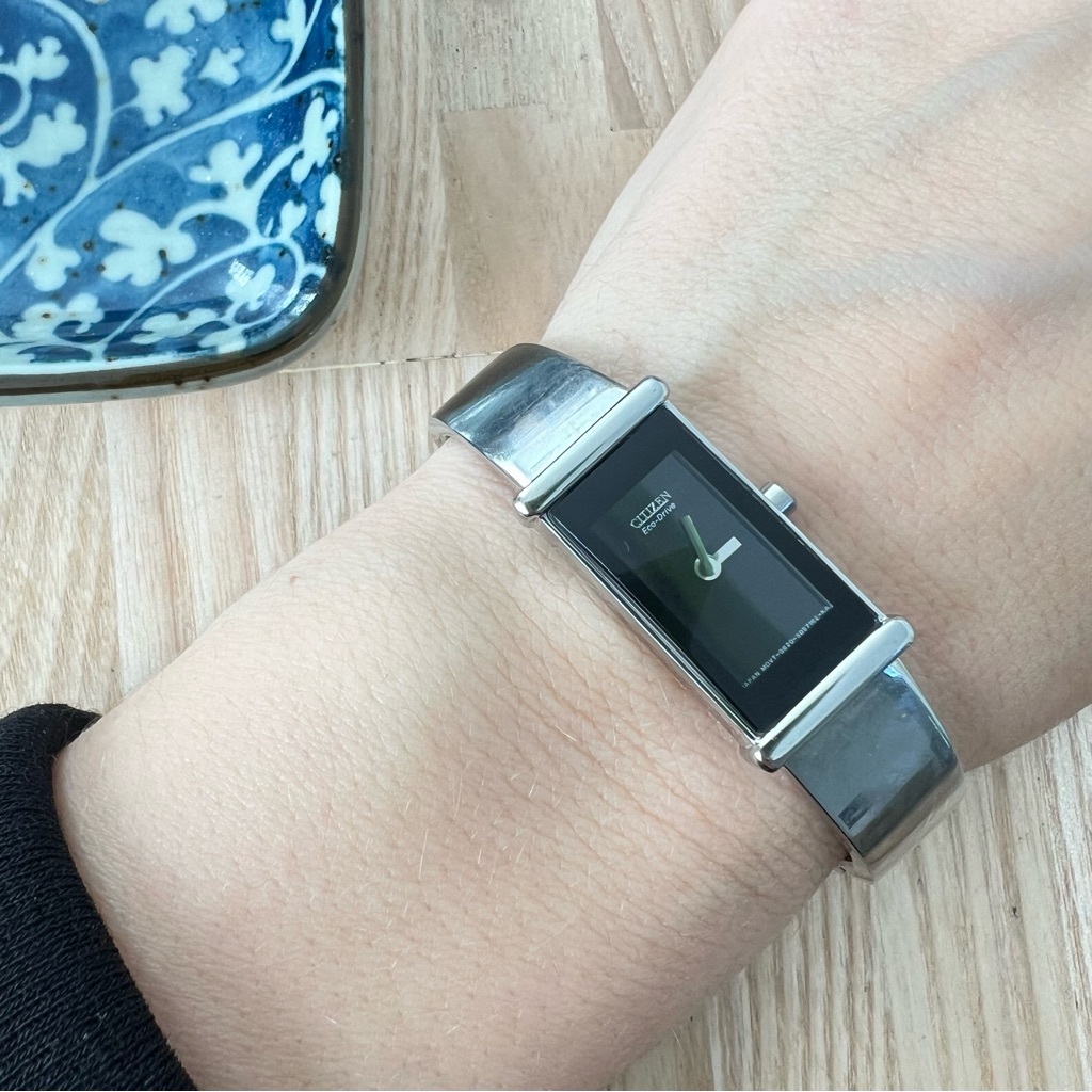 Citizen Eco Drive Ladies Black Rectangular Dial Silver Tone Bracelet Watch